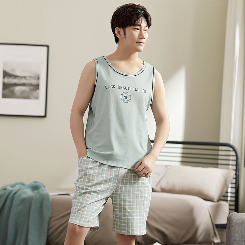 Naujausias vyriškas pižamos rinkinys Vasarinės liemenės pižamos rinkinys Pijama Hombre be rankovių O formos kaklo laisvalaikio vyriški miegui skirti drabužiai namų drabužiams