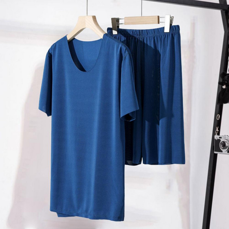 2 gab./Komplekts Vīriešu pidžamas ar īsām piedurknēm brīvas elastīgas jostasvietas platas kājas mājas valkāšanai ikdienišķs mīksts vīriešu T-kreklu šortu komplekts gulēšanai