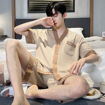 Комплект от 2 части Мъжки летни памучни пижами Кимоно Комплект къси горнища за спане Панталони Спално облекло Мъжка ежедневна жилетка Пижама