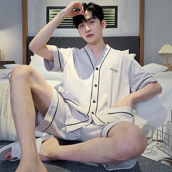 Комплект от 2 части Мъжки летни памучни пижами Кимоно Комплект къси горнища за спане Панталони Спално облекло Мъжка ежедневна жилетка Пижама