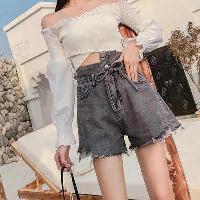 Sieviešu šorti korejiešu stila pogām ar augstu vidukli. Pogas ar augstu vidukli Pogas kabatas, izplatītas Vispārpiemērots Solid Leisure Denim Ins S-5XL Sievišķīgs vasaras šiks Jauns