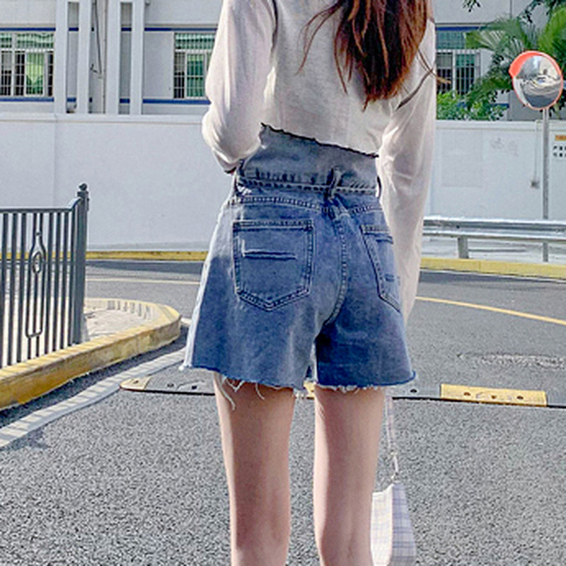 Sieviešu šorti korejiešu stila pogām ar augstu vidukli. Pogas ar augstu vidukli Pogas kabatas, izplatītas Vispārpiemērots Solid Leisure Denim Ins S-5XL Sievišķīgs vasaras šiks Jauns