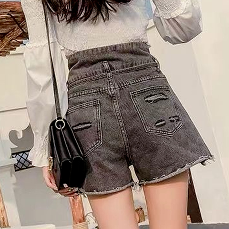 Sieviešu šorti korejiešu stila pogām ar augstu vidukli. Pogas ar augstu vidukli Pogas kabatas, izplatītas Vispārpiemērots Solid Leisure Denim Ins S-5XL Sievišķīgs vasaras šiks Jauns