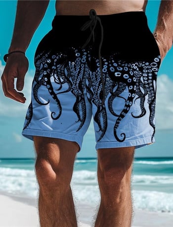 Модни мъжки къси панталони с щампи на октопод Хавайски къси панталони Бански гащи с шнур Удобни дишащи празнични къси панталони