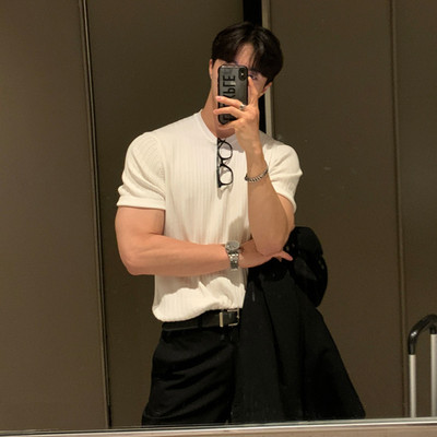 Muška odjeća, luksuzna pletena polo majica, ležerna, prugasta, jednobojna majica kratkih rukava, prozračna, novo pletivo iz 2024.