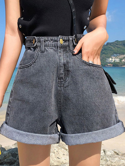 FTLZZ jauns vasaras sieviešu džinsa šorti ar augstu vidukli ar platām kājām Ikdienas sieviešu brīvi pieguļoši ielas apģērbi vienkrāsaini taisni džinsu šorti