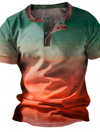 Лятна етническа винтидж мъжка тениска Тениска с градиентни щампи Вафла Тениска с 3D щампи с къс ръкав Голяма мъжка горна част с копчета