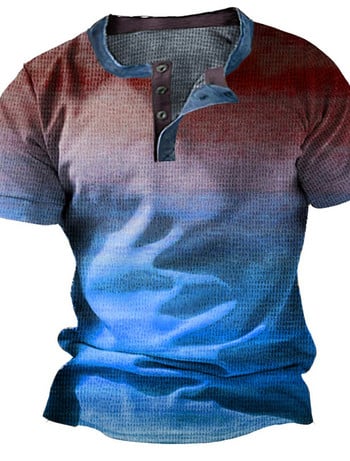Лятна етническа винтидж мъжка тениска Тениска с градиентни щампи Вафла Тениска с 3D щампи с къс ръкав Голяма мъжка горна част с копчета