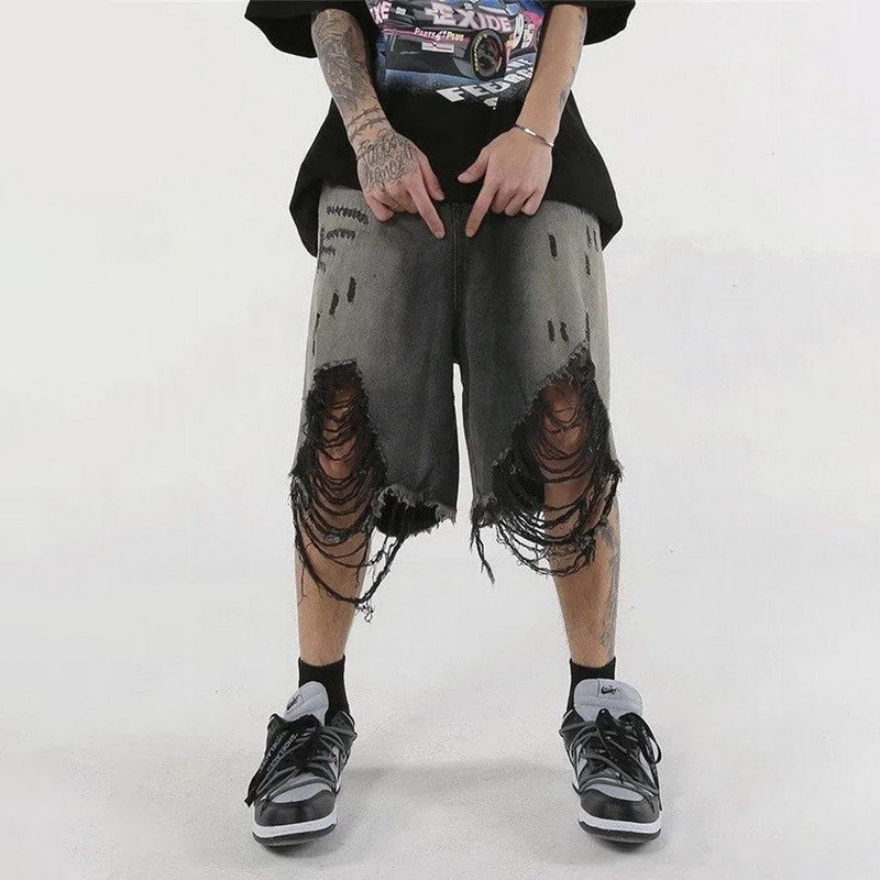 High Street, lejer, spălat, pantaloni scurți vechi, rupti, pantaloni scurți retro americani, pantaloni scurți casual din denim, cu ciucuri hip hop, Y2K.