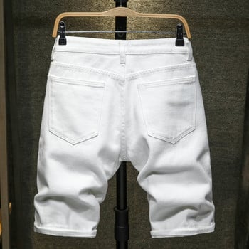 нови бели дънкови къси панталони, мъжки, скъсани, протрити, с дължина до коляното, класически, прости модни ежедневни тънки дънкови шорти, мъжки висококачествени