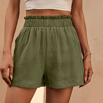 Pamut vászon rövidnadrágok Női kétrétegű ráncok szegély Egyenes láb Alkalmi nadrágok Magas derekú Sport Bő rövidnadrágok Sokoldalú nadrágok