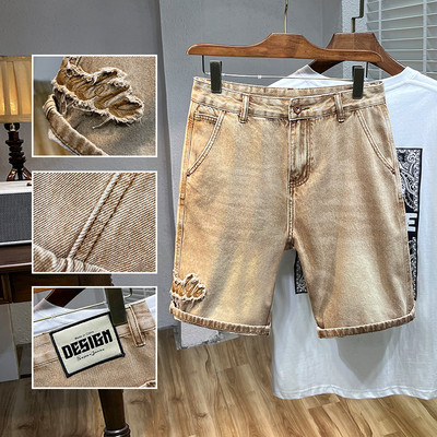 Vintage Jeans Férfi rövidnadrágok Sárga Mud Street Fashion Bermuda nadrágok Egyenes bő, szorongatott Patchwork Farmer rövidnadrágok