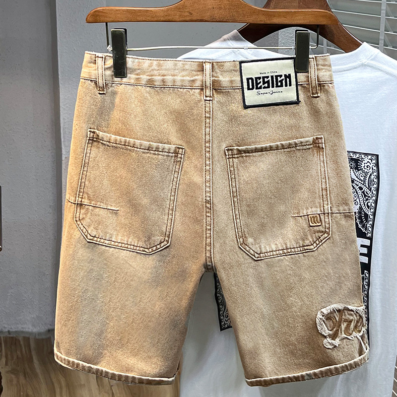 Vintage Jeans Férfi rövidnadrágok Sárga Mud Street Fashion Bermuda nadrágok Egyenes bő, szorongatott Patchwork Farmer rövidnadrágok