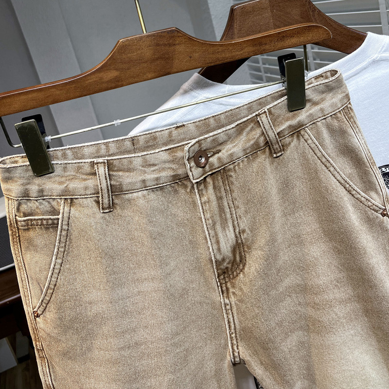 Vintage Jeans Férfi rövidnadrágok Sárga Mud Street Fashion Bermuda nadrágok Egyenes bő, szorongatott Patchwork Farmer rövidnadrágok