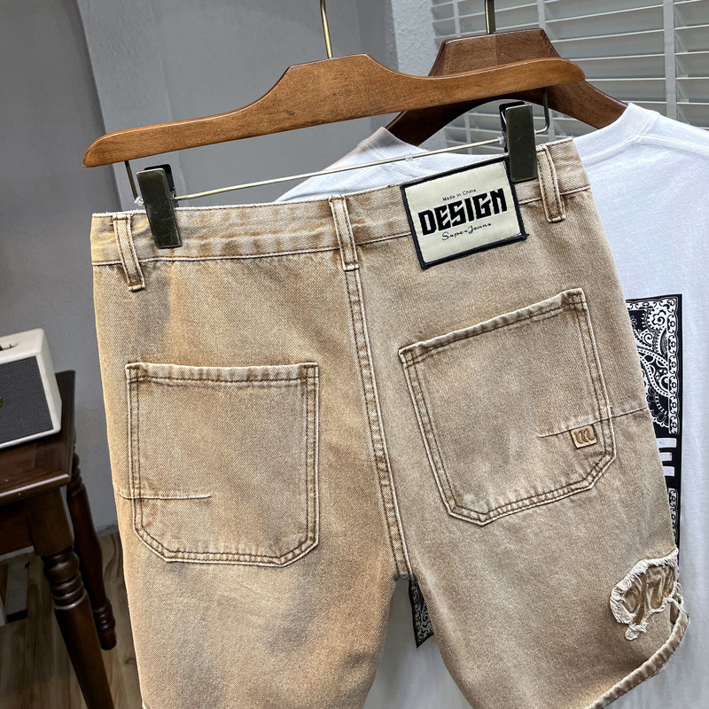 Vintage Jeans Férfi rövidnadrágok Sárga Mud Street Fashion Bermuda nadrágok Egyenes bő, szorongatott Patchwork Farmer rövidnadrágok