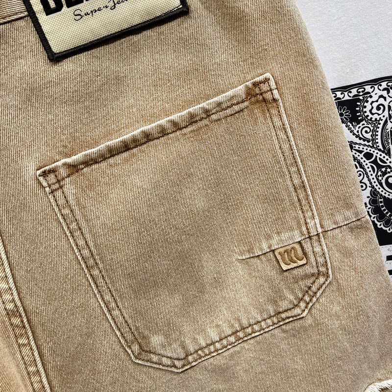 Vintage Jeans Férfi rövidnadrágok Sárga Mud Street Fashion Bermuda nadrágok Egyenes bő, szorongatott Patchwork Farmer rövidnadrágok