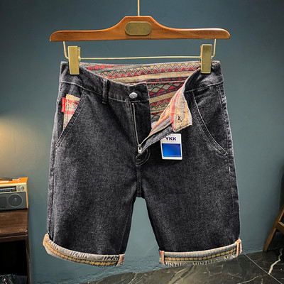 Sötétkék farmer rövidnadrág Férfi 2024Új Retro Patchwork Curling Légáteresztő mosott Elasztikus Alkalmi Alapszínű Kalóz Rövidnadrág