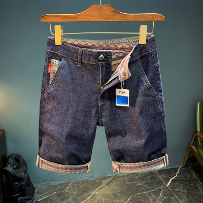 Sötétkék farmer rövidnadrág Férfi 2024Új Retro Patchwork Curling Légáteresztő mosott Elasztikus Alkalmi Alapszínű Kalóz Rövidnadrág