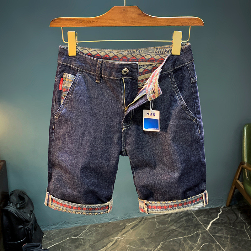 Sötétkék farmer rövidnadrág Férfi 2024Új Retro Patchwork Curling Légáteresztő mosott Elasztikus Alkalmi Alapszínű Kalóz Rövidnadrág