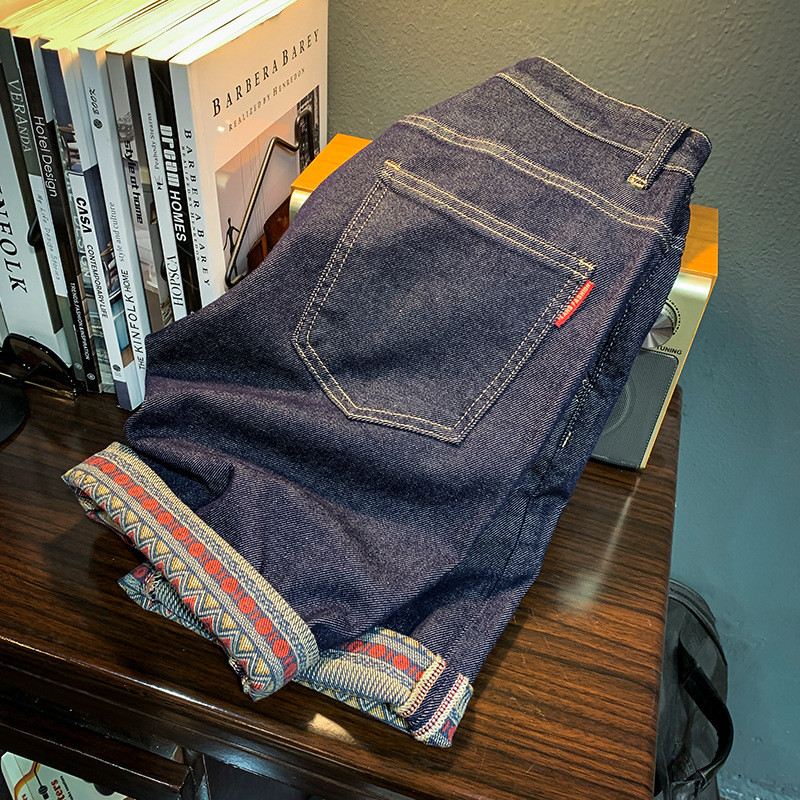 Sötétkék farmer rövidnadrág Férfi 2024Új Retro Patchwork Curling Légáteresztő mosott Elasztikus Alkalmi Alapszínű Kalóz Rövidnadrág