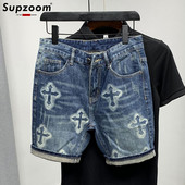 Supzoom Uus saabumine Kuum müük Mood Suvine Tõmblukk Kärbes Kivipestud Casual Cargo Patchwork Puuvill Denim Taskud Teksad Lühikesed püksid Mehed