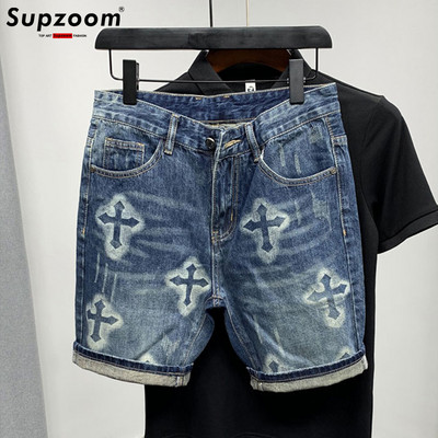 Supzoom Uus saabumine Kuum müük Mood Suvine Tõmblukk Kärbes Kivipestud Casual Cargo Patchwork Puuvill Denim Taskud Teksad Lühikesed püksid Mehed