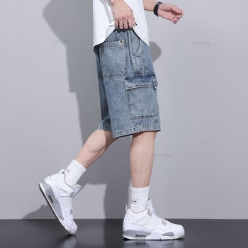 Летни нови мъжки дънкови къси панталони с ластик на талията, широки ежедневни карго панталони с дължина до коляното, модни корейски овъргабаритни улични дрехи, синьо сиво