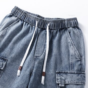 Летни нови мъжки дънкови къси панталони с ластик на талията, широки ежедневни карго панталони с дължина до коляното, модни корейски овъргабаритни улични дрехи, синьо сиво