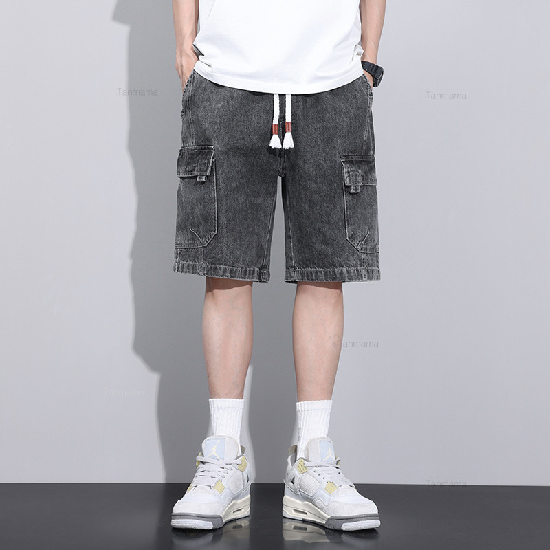 Vasaras jauni vīriešu džinsa šorti elastīgi jostasvietā Baggy Ikdienas ceļgala kravas bikses Modes korejiešu lielizmēra ielas apģērbs zils pelēks