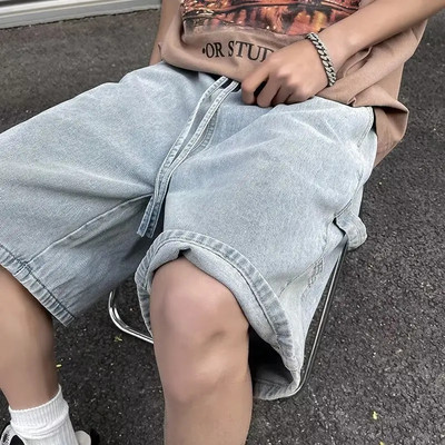 Modne široke traper hlače ravnih nogavica Jednostavne jednobojne ležerne svestrane muške hlače na pet točaka