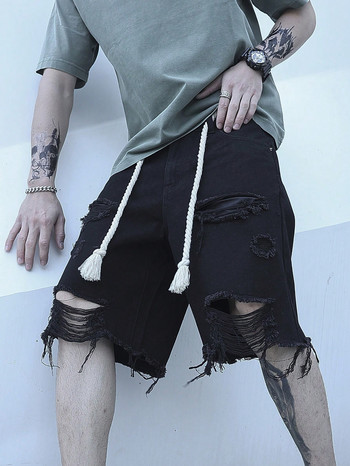 Мъжки летни дънкови къси панталони с разкъсан уличен стил с разкъсан дизайн с разтеглив комфорт до коляното