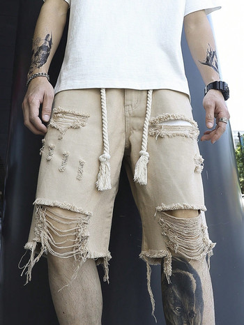 Мъжки летни дънкови къси панталони с разкъсан уличен стил с разкъсан дизайн с разтеглив комфорт до коляното