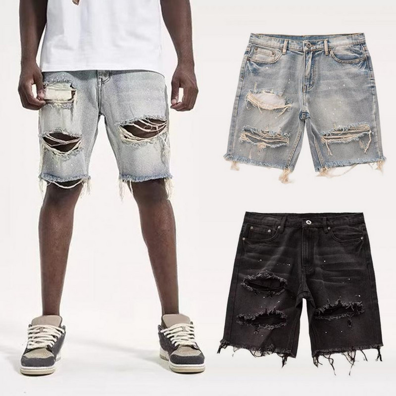 Férfi farmer rövidnadrág Férfi szorongatott farmer rövidnadrág Nyári stílus szakadt lyukakkal, több zsebbel karcsúsított koreai ifjúsági divat