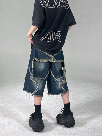 Американски нов стил ретро звезда кръпка пискюл мъжки дънкови къси панталони свободни ежедневни хип-хоп улични панталони двойка спортни панталони