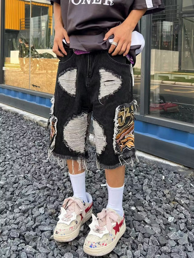 Izšūti pušķi High street džinsa vīriešu ielas hiphopa modernu zīmolu plēstas bikses Eiropas un Amerikas modes retro šorti