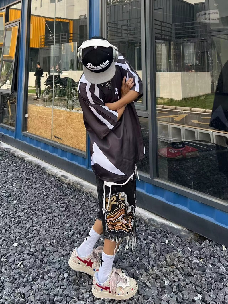 Izšūti pušķi High street džinsa vīriešu ielas hiphopa modernu zīmolu plēstas bikses Eiropas un Amerikas modes retro šorti