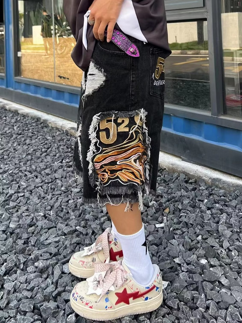 Izšūti pušķi High street džinsa vīriešu ielas hiphopa modernu zīmolu plēstas bikses Eiropas un Amerikas modes retro šorti