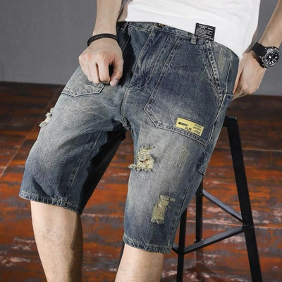 Ανδρικό καλοκαιρινό γκρι διάτρητο τζιν σορτς Κορεατικής μόδας λεπτό ελαστικό τζιν σορτς πέντε τεμαχίων Ανδρικό παντελόνι μάρκας 11 στυλ