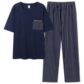 Pijamale pentru bărbați cu cusături în dungi Bumbac Moda bărbați cu mâneci scurte Pantaloni lungi Set pijamale 2 bucăți/set Primăvara vară Acasă Lounge Cadou