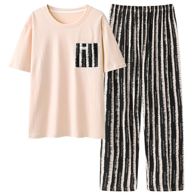 Pijamale pentru bărbați cu cusături în dungi Bumbac Moda bărbați cu mâneci scurte Pantaloni lungi Set pijamale 2 bucăți/set Primăvara vară Acasă Lounge Cadou