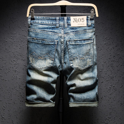 Klassikalised Retro Distressed Meeste Kirjatrükiga teksad lühikesed püksid Põlvepikkus Sirged õhukesed kulunud Trend Punk Meeste teksapüksid