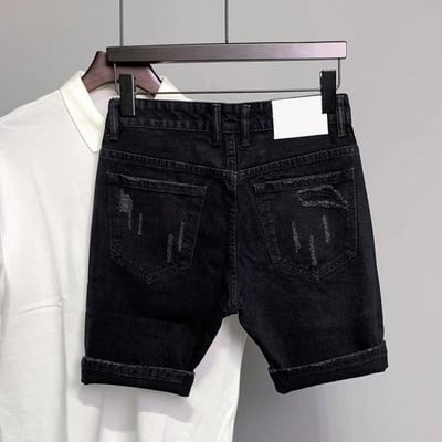 Pantaloni scurți cu fermoar în talie Pantaloni scurți eleganti din denim pentru bărbați, cu buzunare mozabile rupte, îmbrăcăminte de stradă până la genunchi Moda de vară