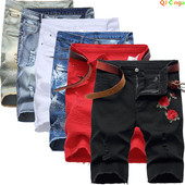 Pantaloni scurți de blugi brodați cu trandafiri roșii de vară Pantaloni scurți casual pentru bărbați, negru, albastru, alb, pantaloni scurți din denim rupti și uzați
