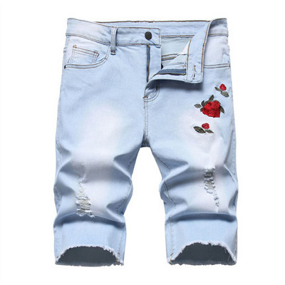 Pantaloni scurți de blugi brodați cu trandafiri roșii de vară Pantaloni scurți casual pentru bărbați, negru, albastru, alb, pantaloni scurți din denim rupti și uzați