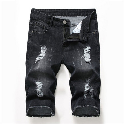 Pantaloni scurți de blugi brodați cu trandafiri roșii de vară Pantaloni scurți casual pentru bărbați, negru, albastru, alb, pantaloni scurți din denim rupti și uzați