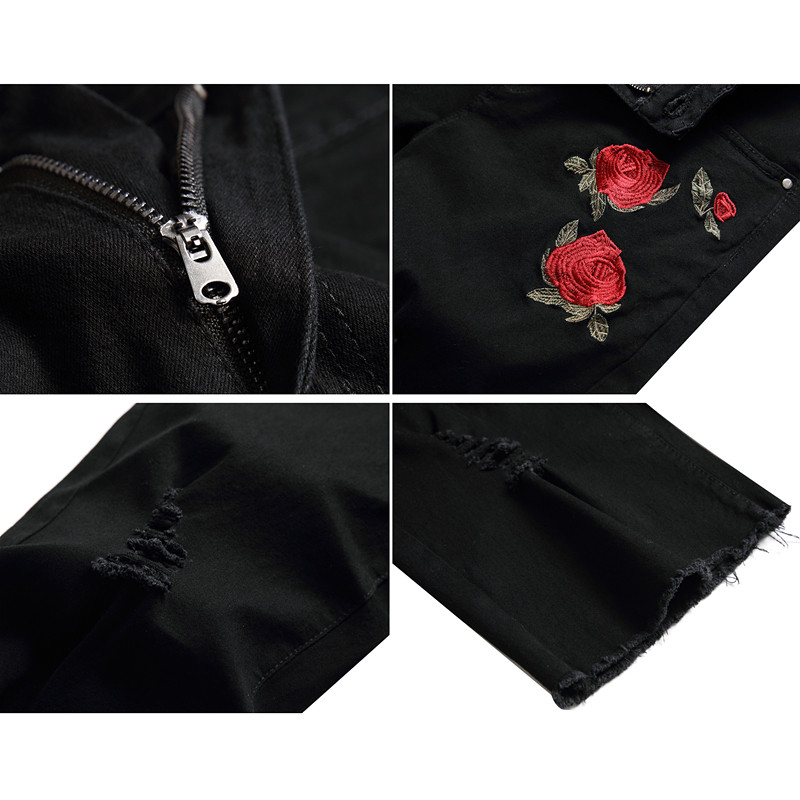 Pantaloni scurți de blugi brodați cu trandafiri roșii de vară Pantaloni scurți casual pentru bărbați, negru, albastru, alb, pantaloni scurți din denim rupti și uzați