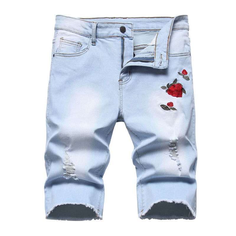Pantaloni scurți de blugi brodați cu trandafiri roșii de vară Pantaloni scurți casual pentru bărbați, negru, albastru, alb, pantaloni scurți din denim rupti și uzați