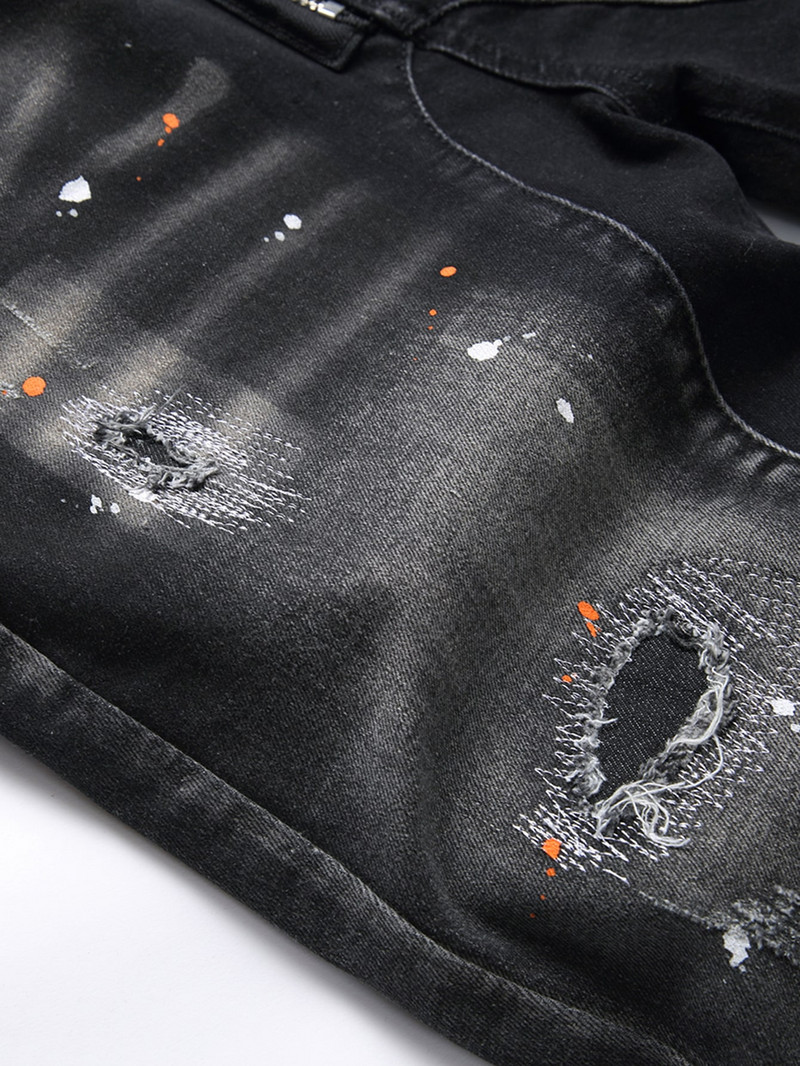 Meeste graffitiga lõhki tehtud lühikesed teksad 2023. aasta suvi, uus mood, vabaaja õhuke, suur auk, retrostiilis teksapüksid, meeste brändi riided