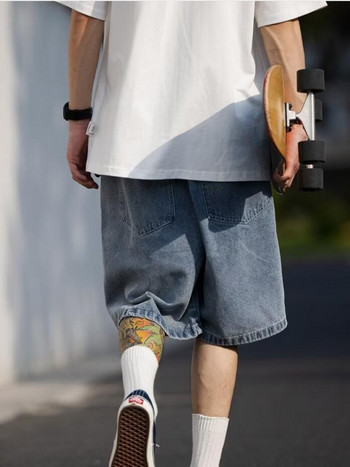 Дънкови къси панталони Мъжки широки семпли летни популярни Harajuku японски стил ретро изпрани цяла дължина Улично облекло колеж ново