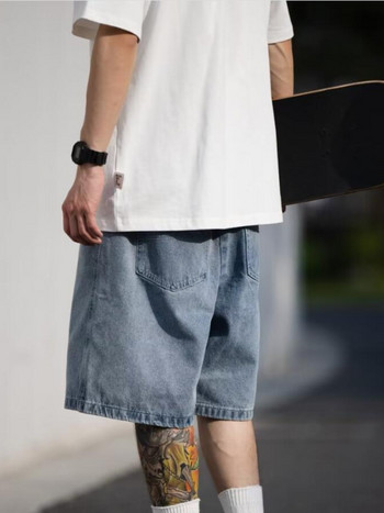 Дънкови къси панталони Мъжки широки семпли летни популярни Harajuku японски стил ретро изпрани цяла дължина Улично облекло колеж ново